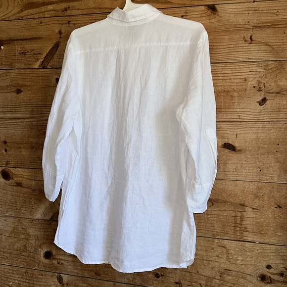 Allen Allen White 100% Linen Roll Tab Sleeves Button Down Top - Picture 4 of 10